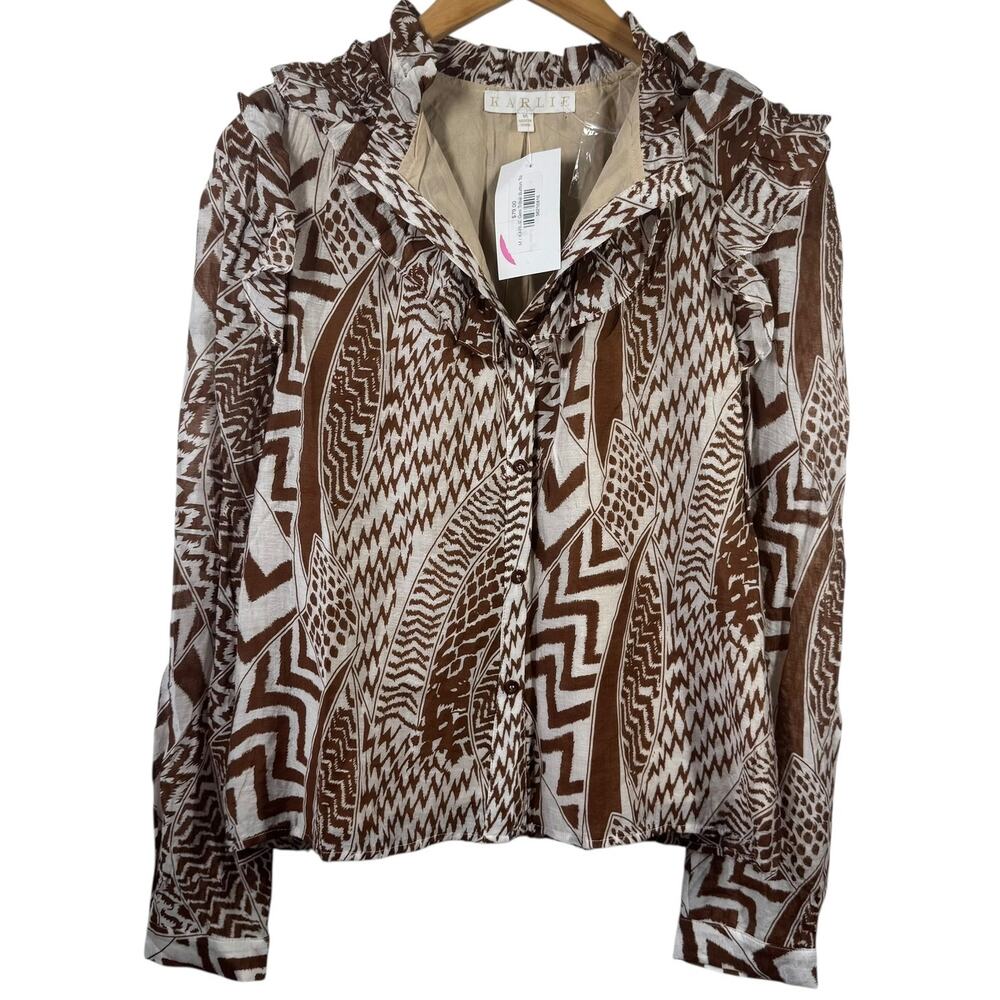 Karlie Top Women M Brown White Geometric Ruffle Shoulder Cotton Lined Peasant
